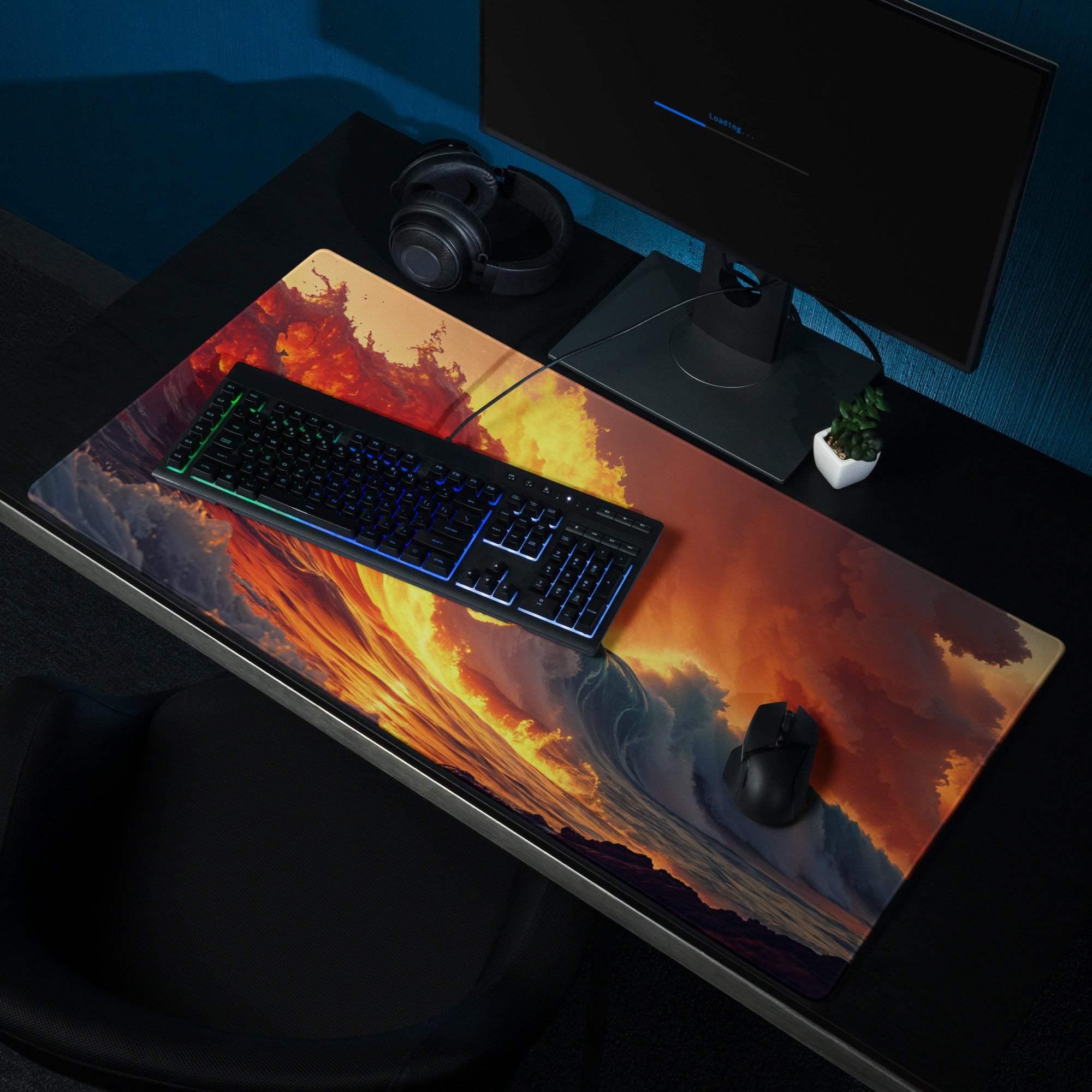 Epic fiery ocean wave gaming mousepad vibrant orange yellow sunset glossy finish