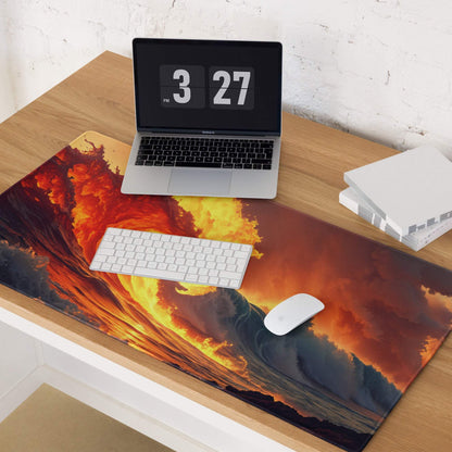 Epic fiery ocean wave gaming mousepad in vibrant orange yellow with non-slip base