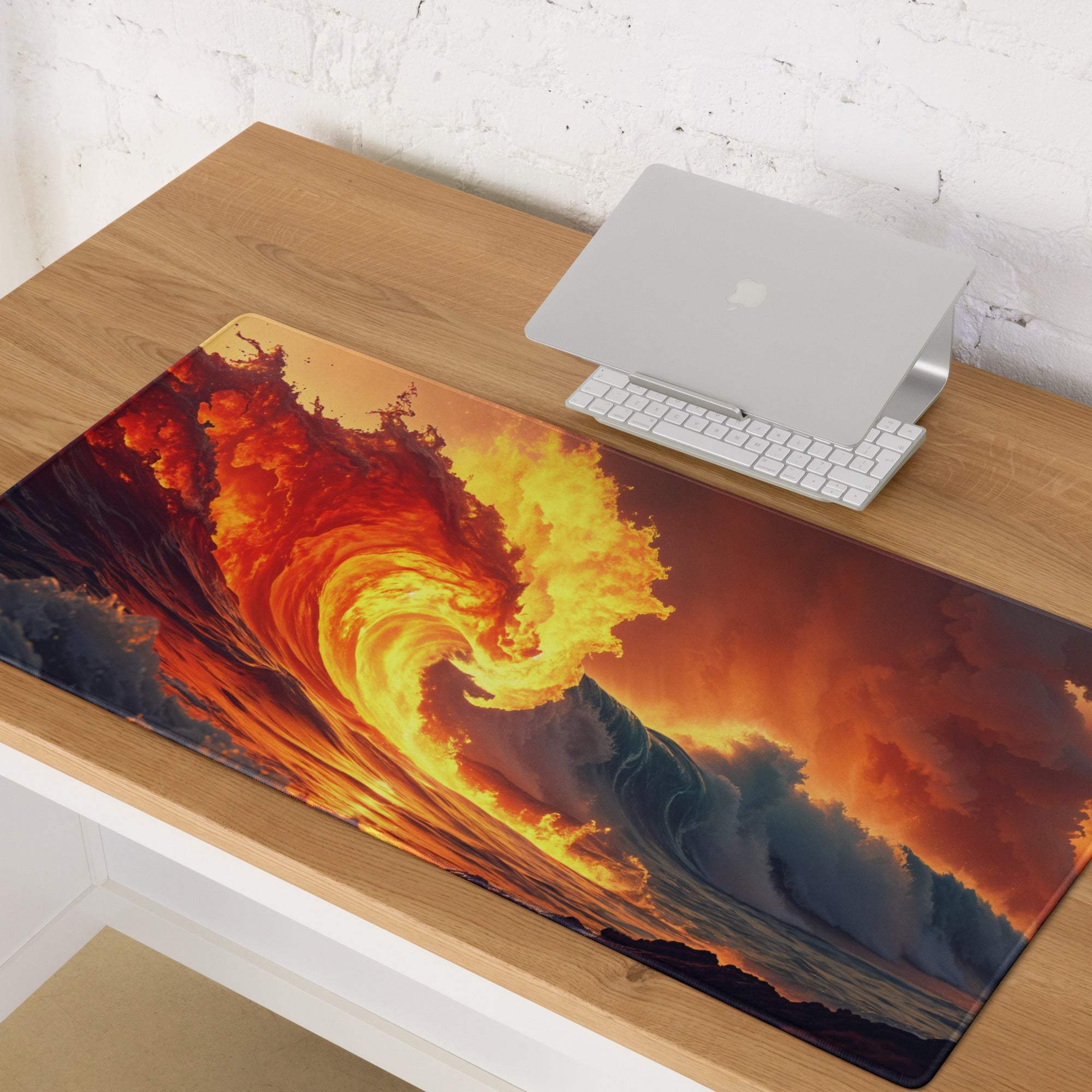 Epic fiery ocean wave gaming mousepad with non-slip base and stitched edges