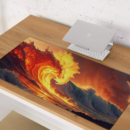 Epic fiery ocean wave gaming mousepad with non-slip base and stitched edges