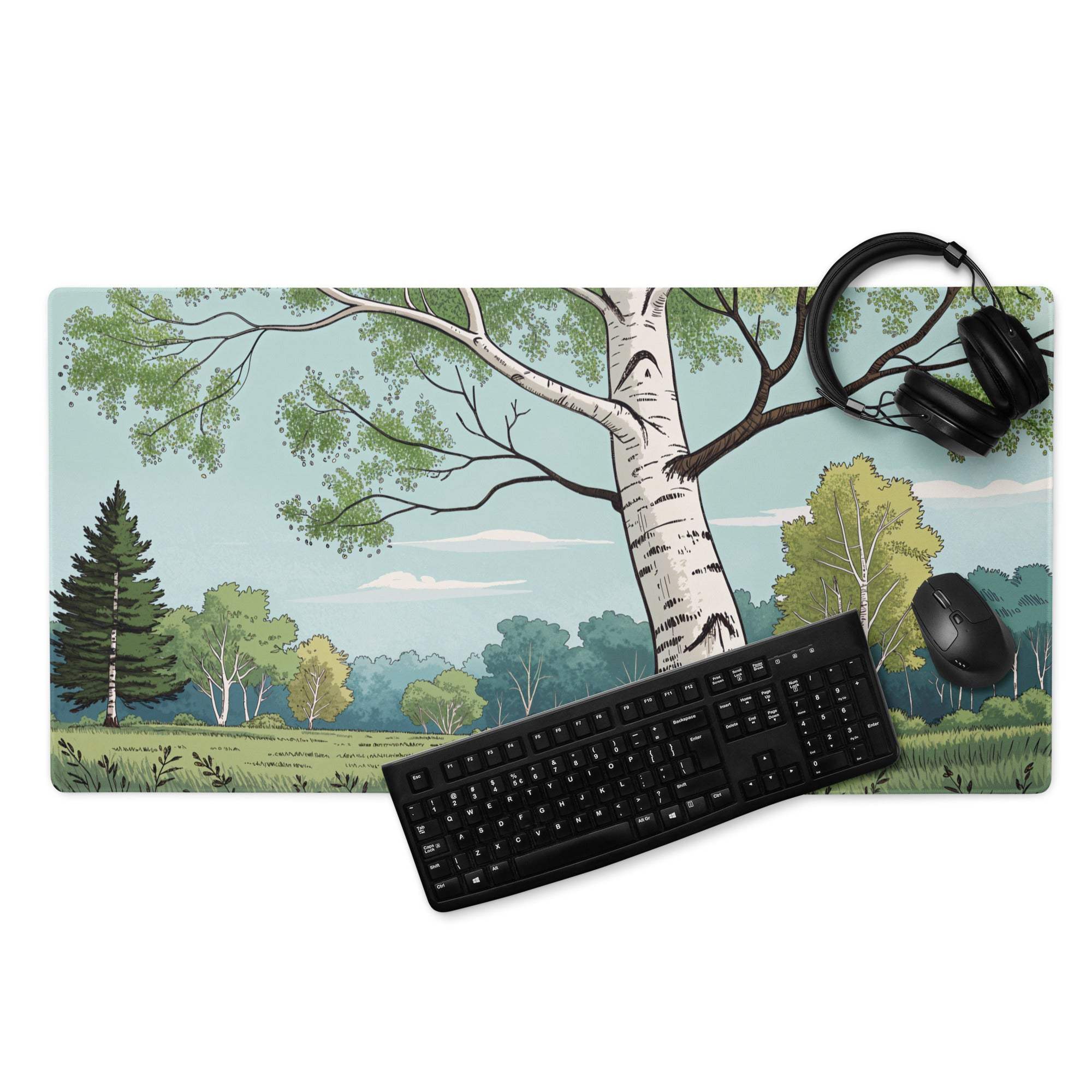 Artistic forest landscape large gaming mouse pad with birch trees scene