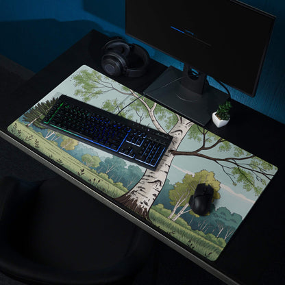 Artistic Forest Landscape large gaming mouse pad with birch trees scene