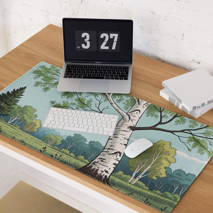 Birch tree rectangular mousepad with green foliage blue sky matte finish