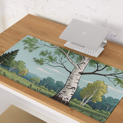 Stylized birch tree gaming mouse pad with green forest scene