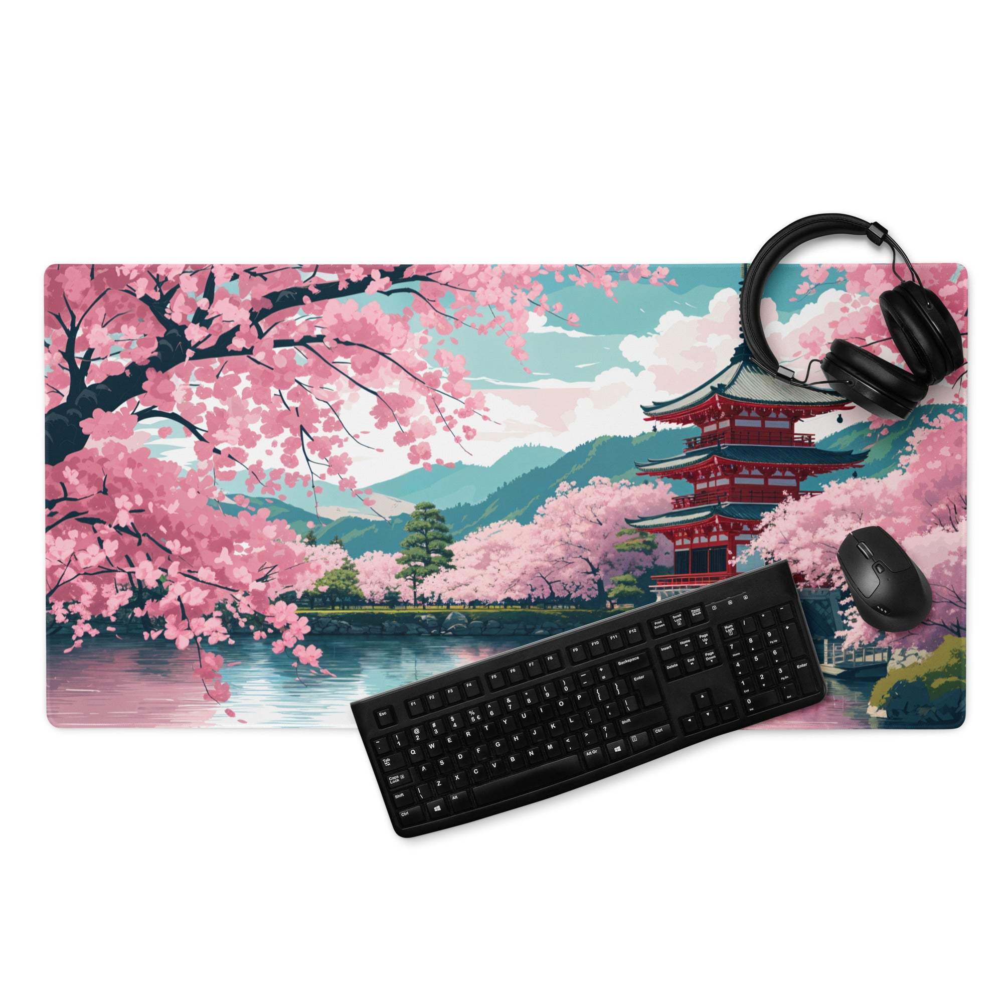 Elegant pastel pink cherry blossom pagoda gaming mouse pad, large non-slip
