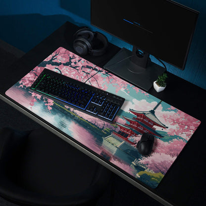 Elegant pastel pink cherry blossom gaming mouse pad with non-slip backing