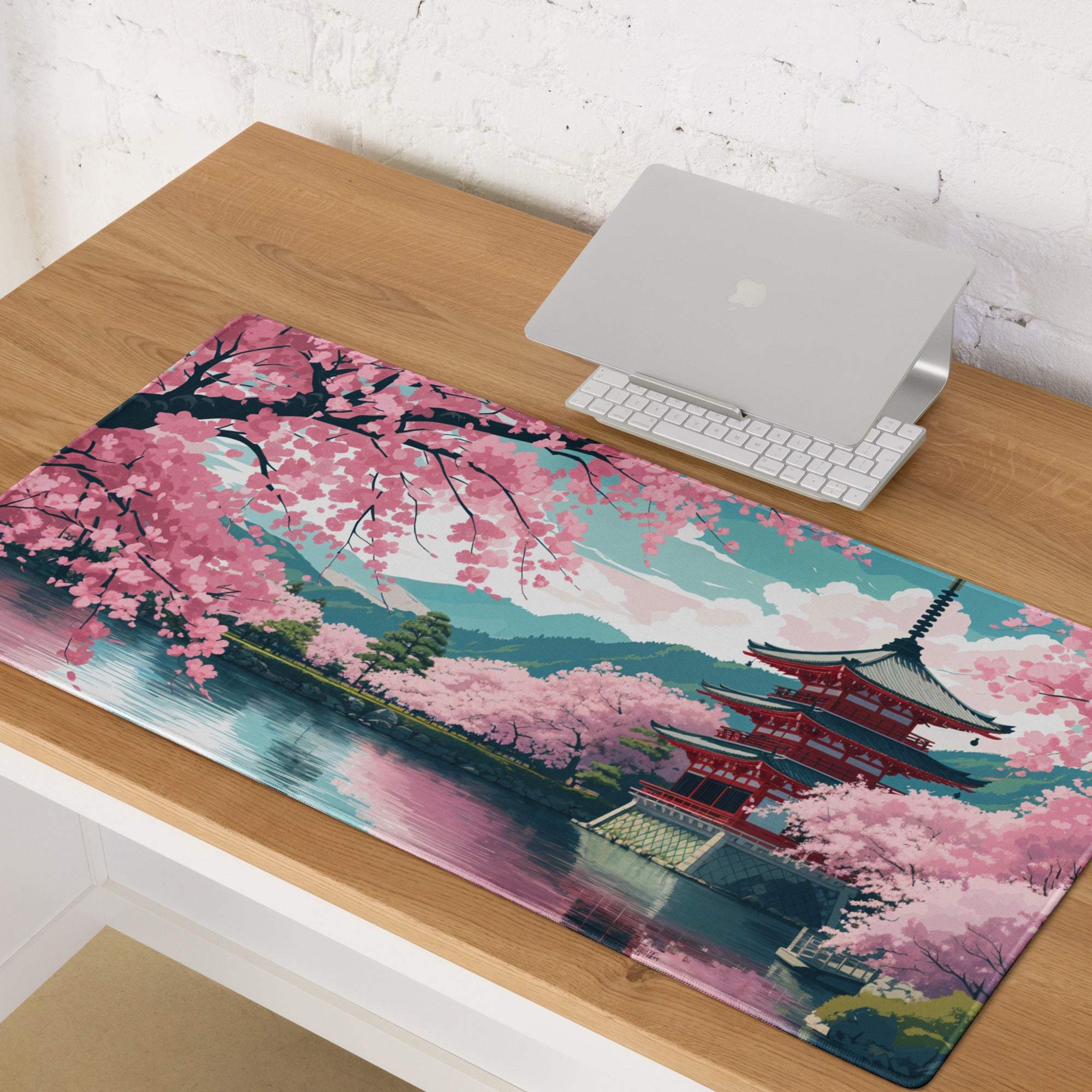 Elegant pastel pink cherry blossom lake pagoda gaming mouse pad