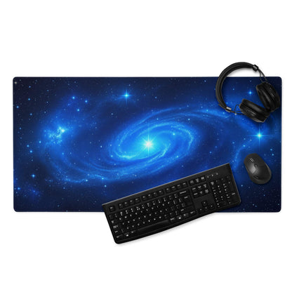 Sleek cosmic blue galaxy gaming mouse pad with spiral design, stars, edge stitching