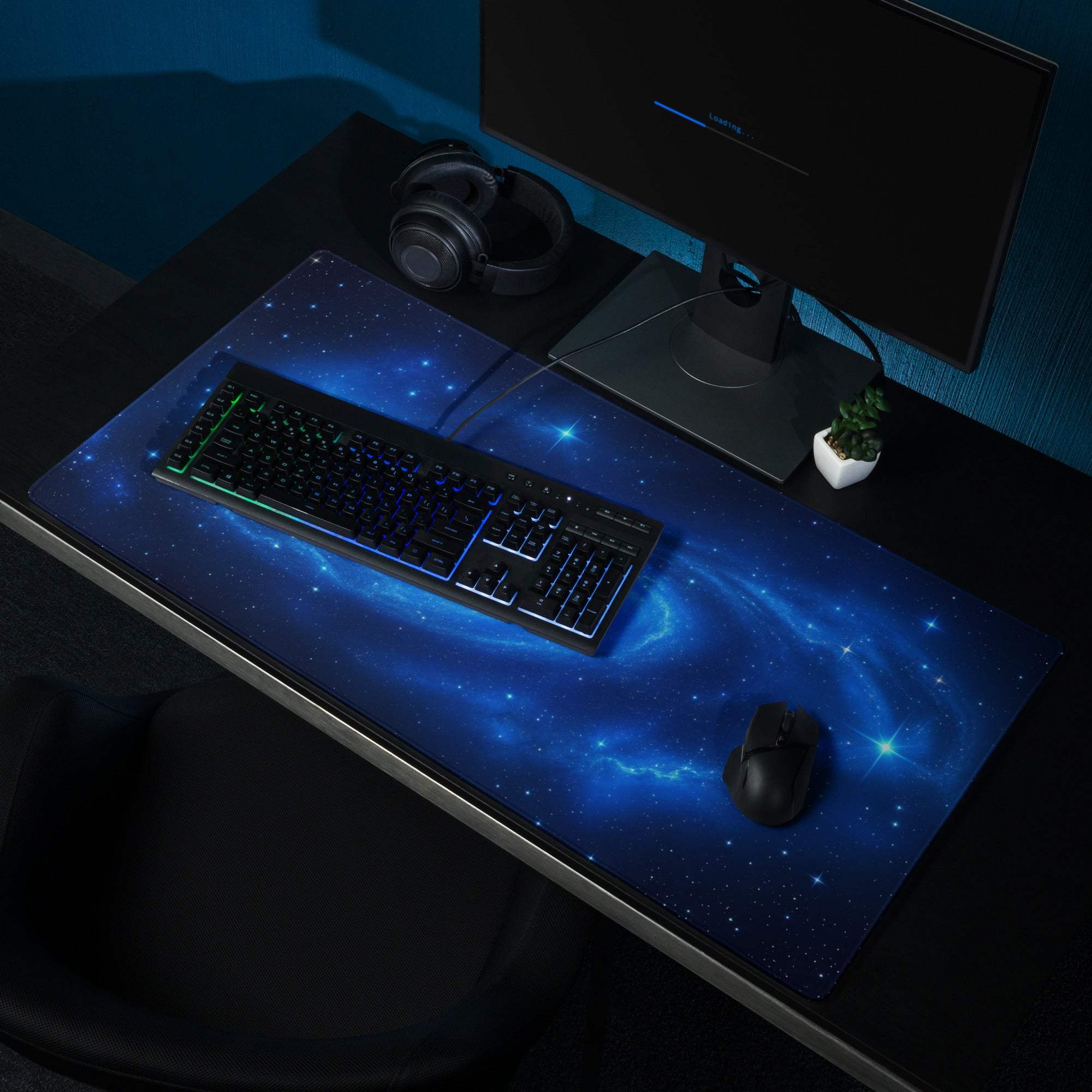 Sleek cosmic blue galaxy gaming mouse pad with nebula starfield design