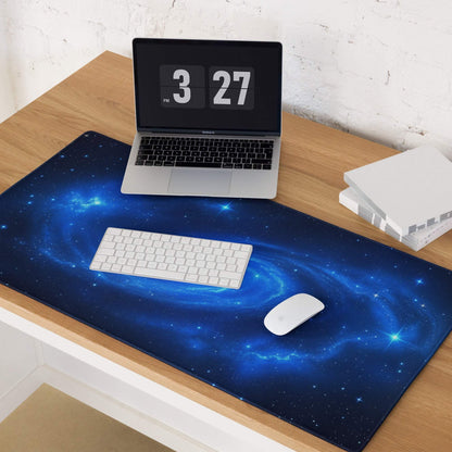 Sleek cosmic blue galaxy gaming mouse pad with nebulae, stars, edge stitching