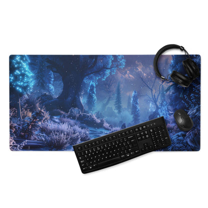 Blue Enchanted Night Forest gaming mousepad with glowing trees and stars