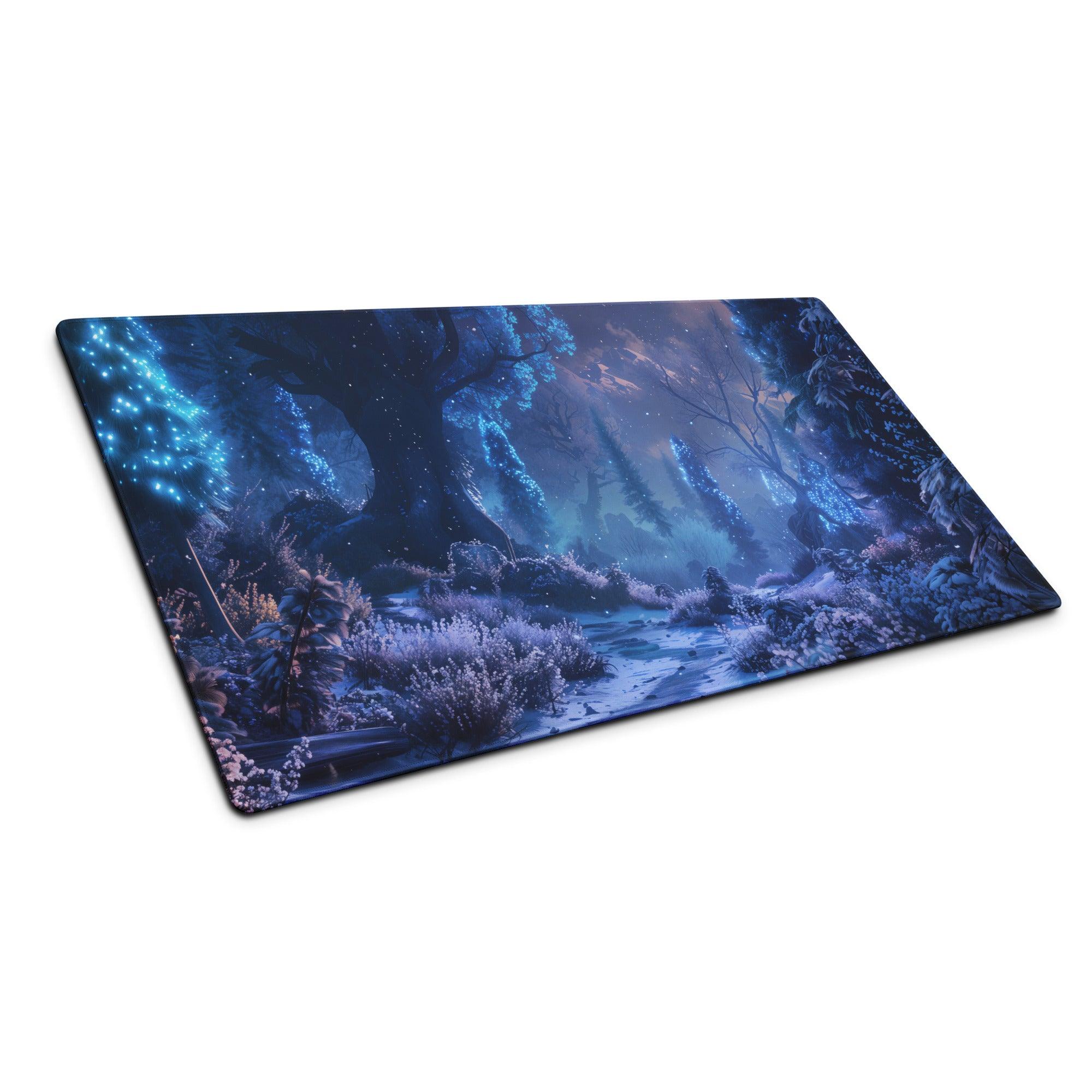 Enchanted Night Forest gaming mousepad with blue luminescence and snow