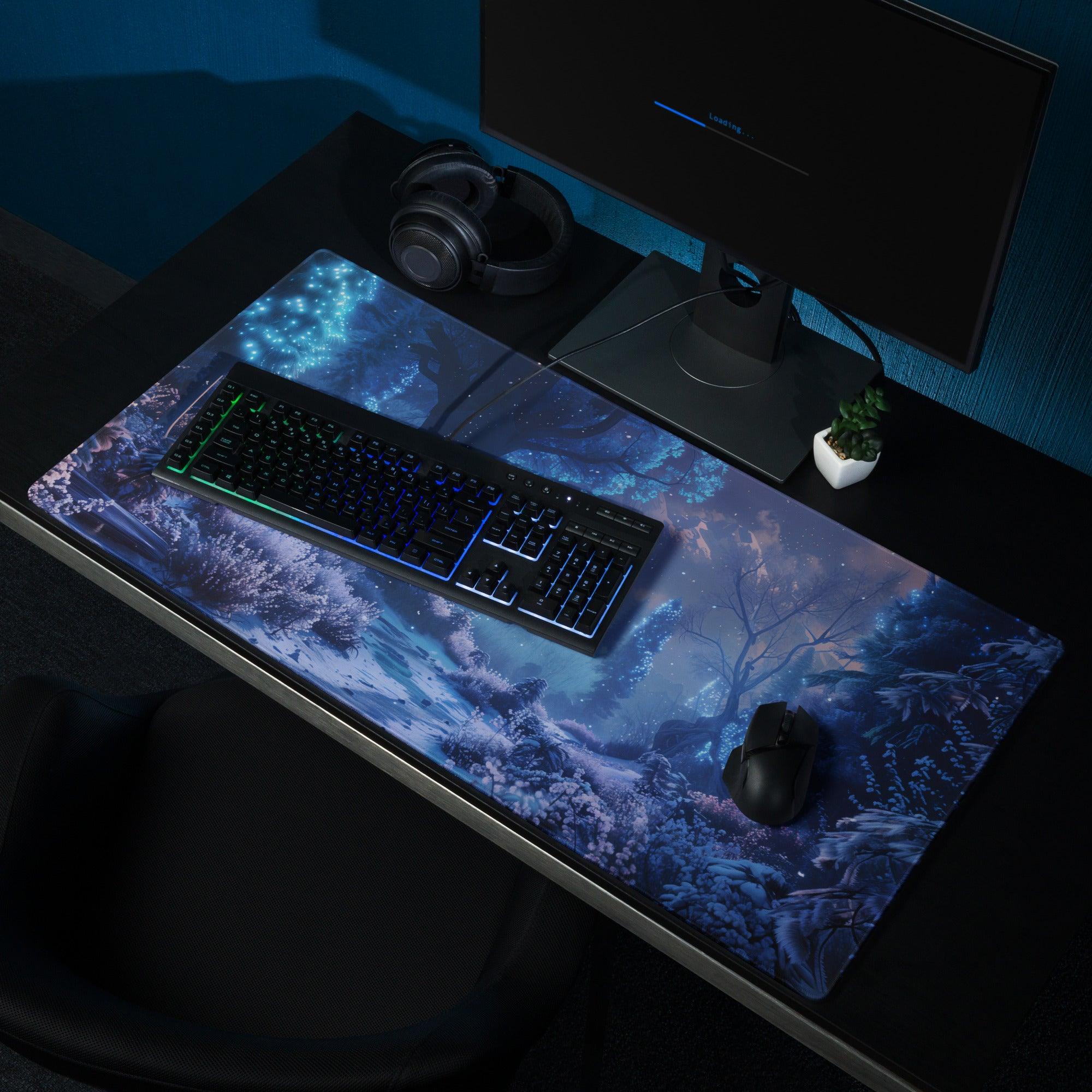 Blue Enchanted Night Forest gaming mousepad with glowing trees and starry sky