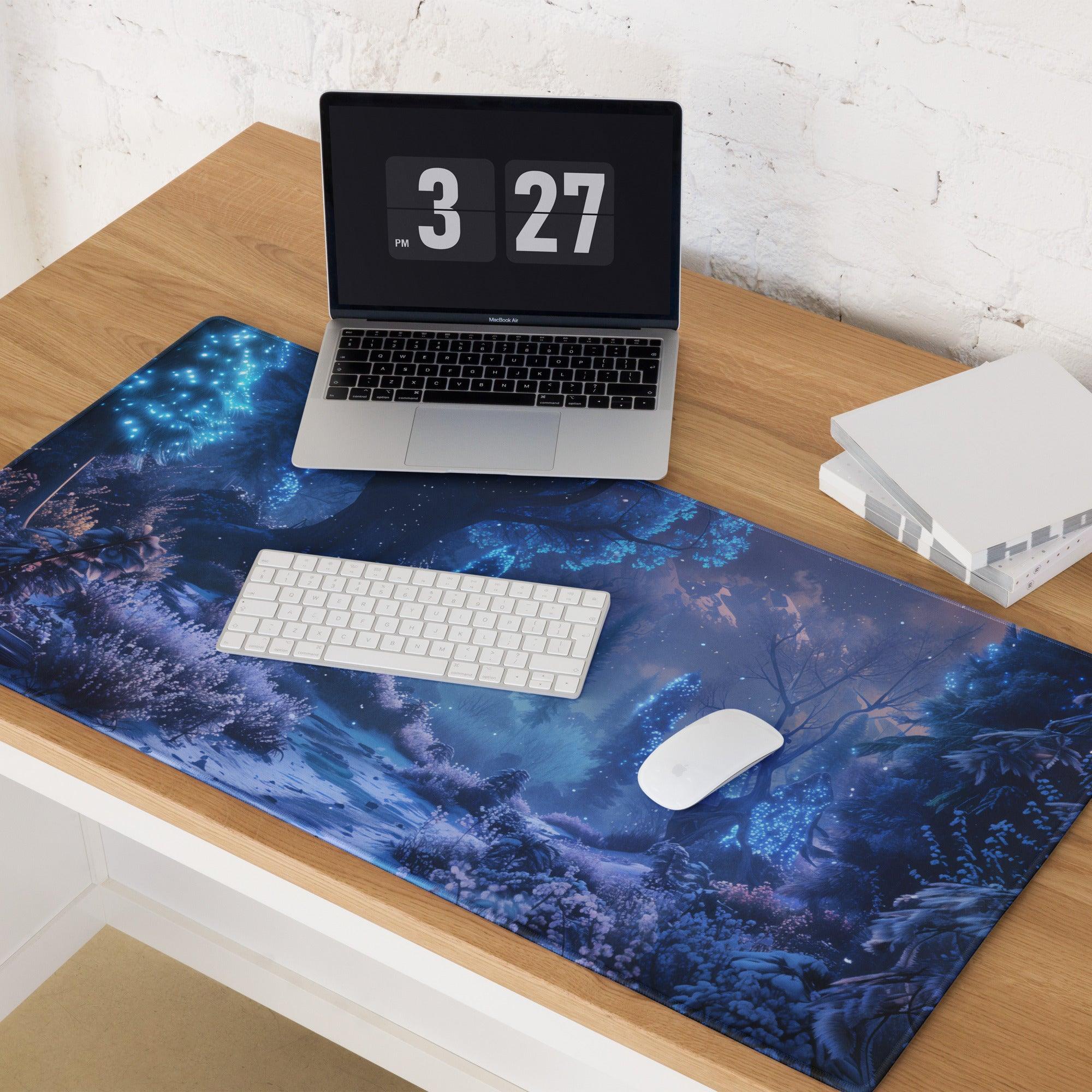 Blue cosmic forest mousepad with starry night design and glossy finish