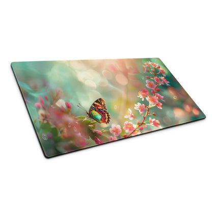 Pastel floral butterfly on blossom gaming mouse pad with pink blossoms
