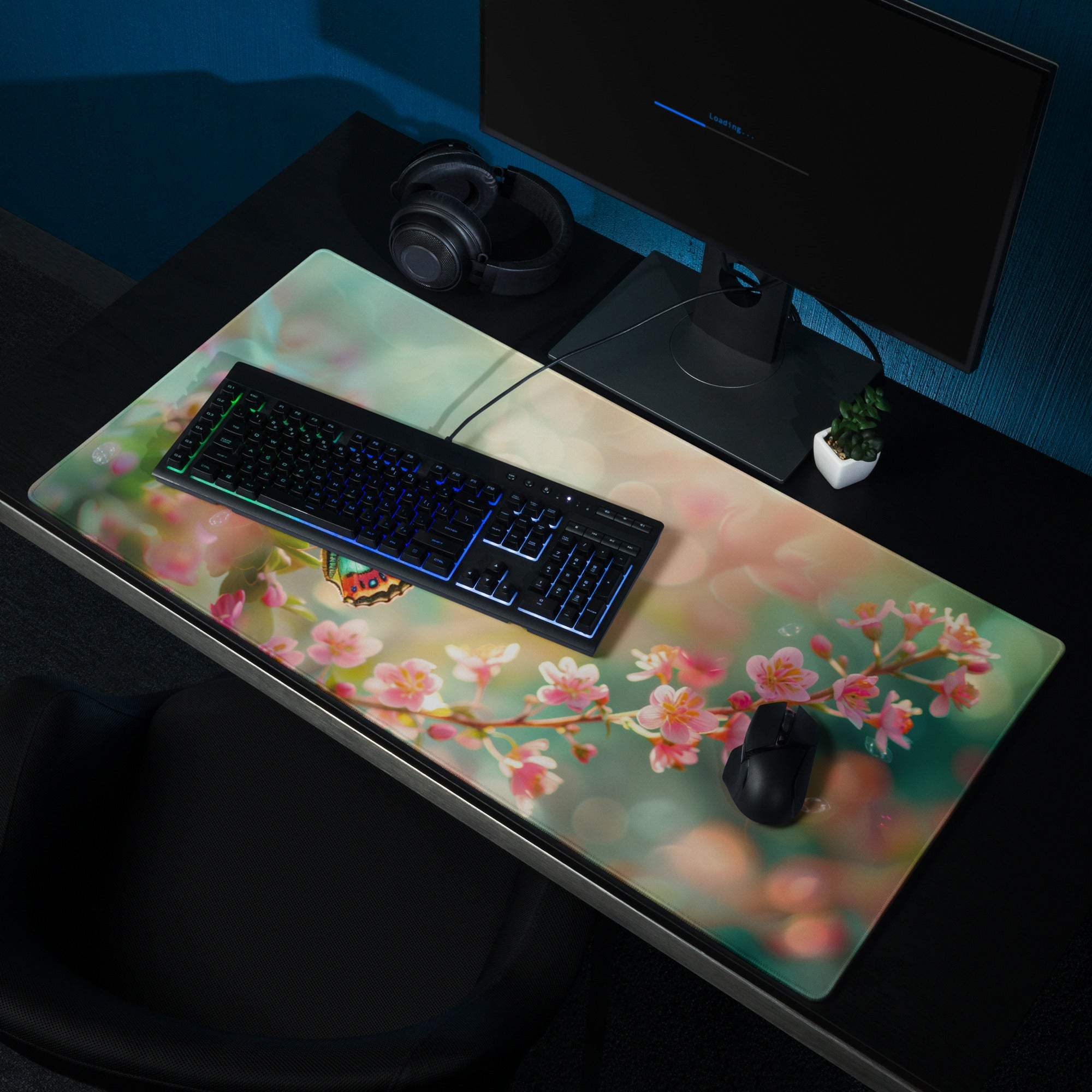 Pastel floral butterfly on blossom gaming mouse pad with cherry blossoms