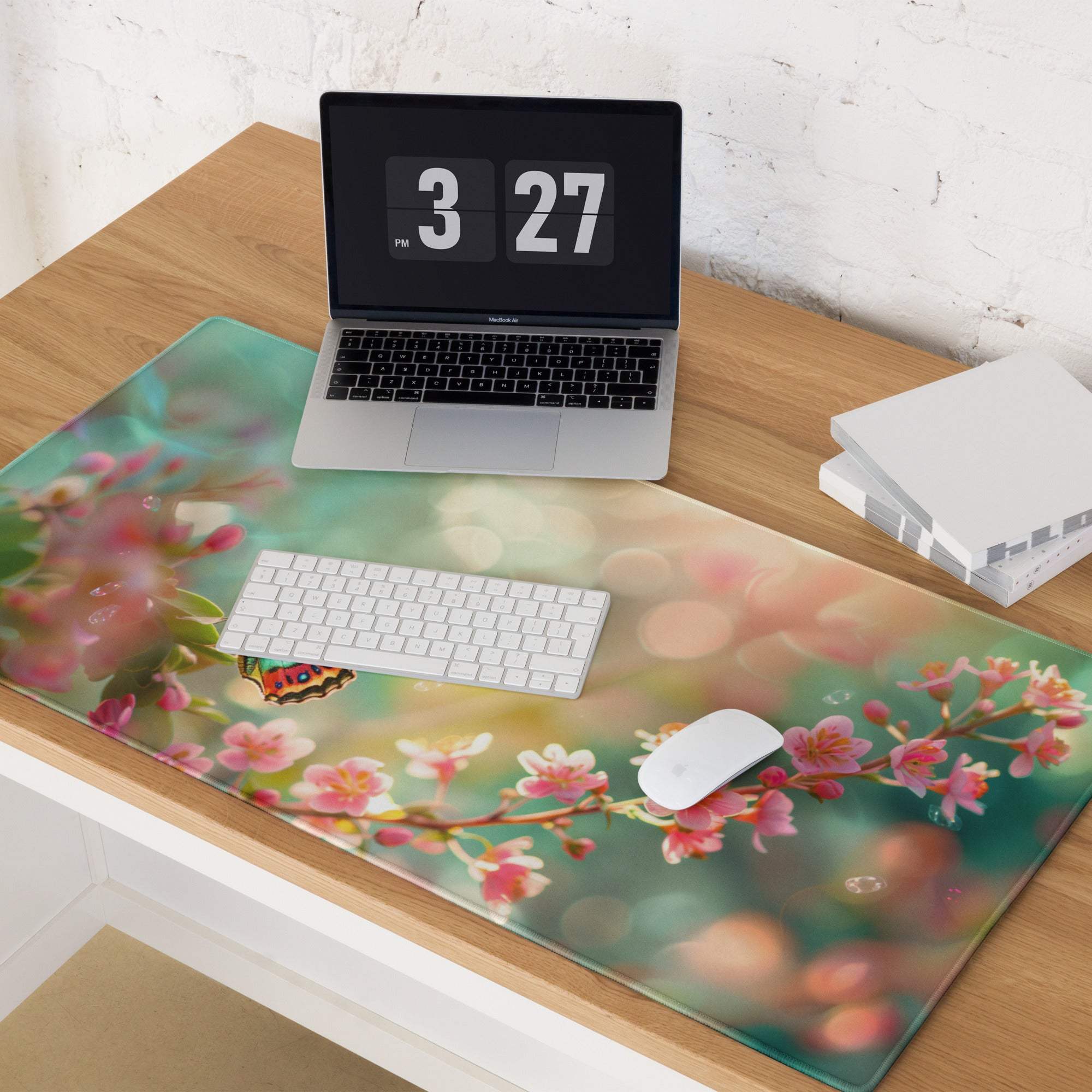 Pastel floral butterfly on blossom gaming mouse pad with pink blossoms