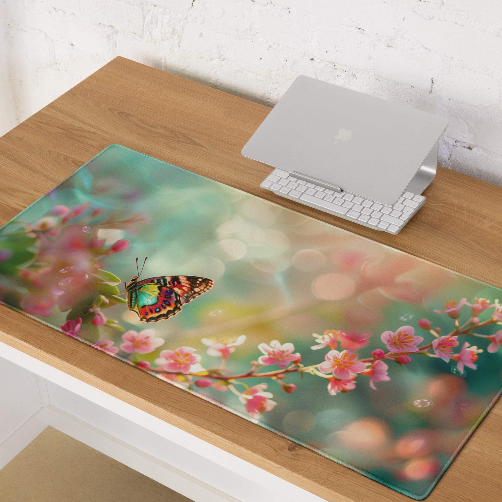 Pastel floral butterfly on blossom gaming mouse pad, large non-slip pink cherry blossoms design