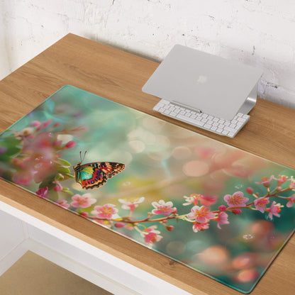 Pastel floral butterfly on blossom gaming mouse pad, large non-slip pink cherry blossoms design