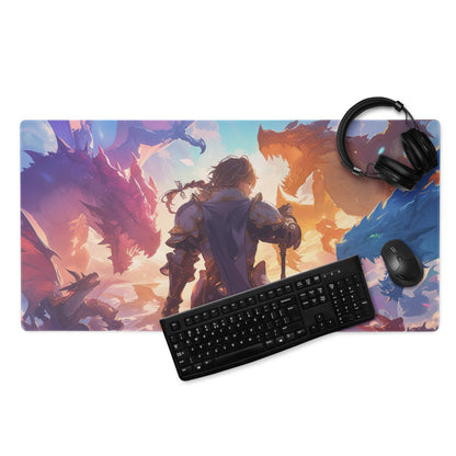 Vibrant fantasy gaming mousepad with knight battling dragons at sunset