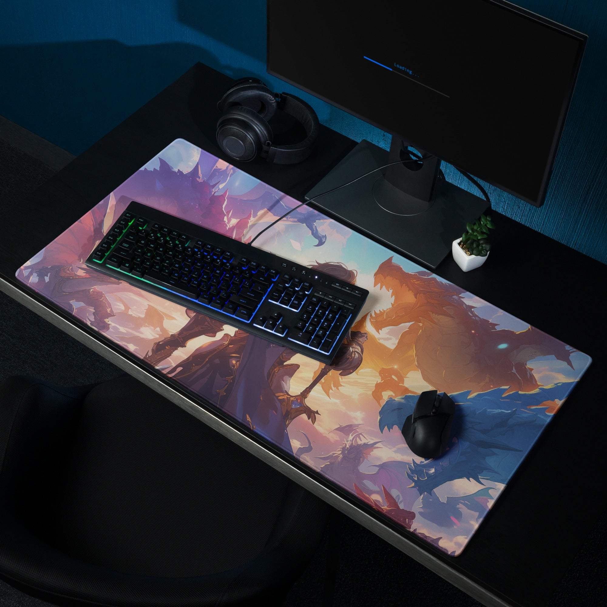 Epic fantasy dragons battle knight mouse pad vibrant sunset colors