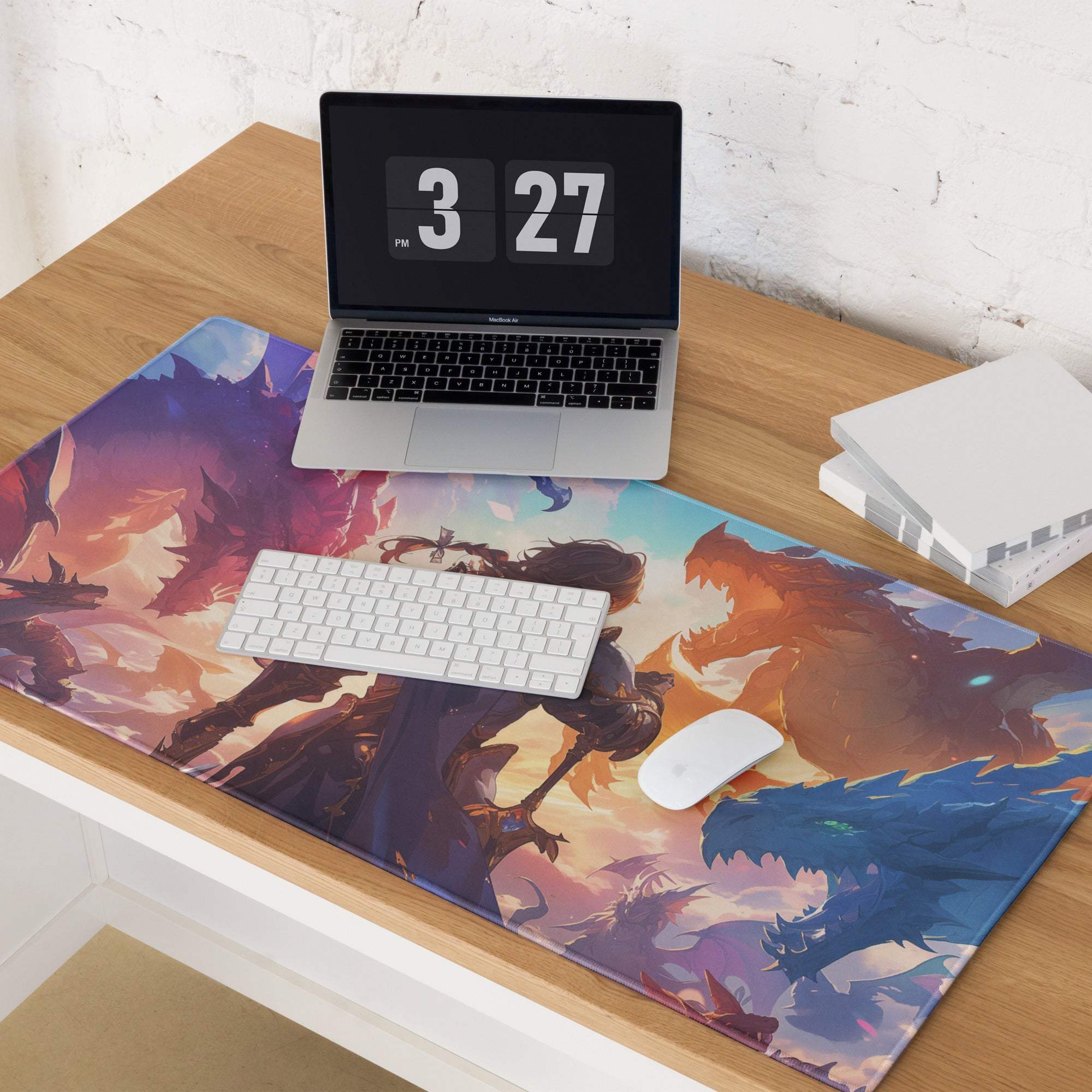 Epic fantasy dragons battle knight gaming mouse pad vibrant sunset colors