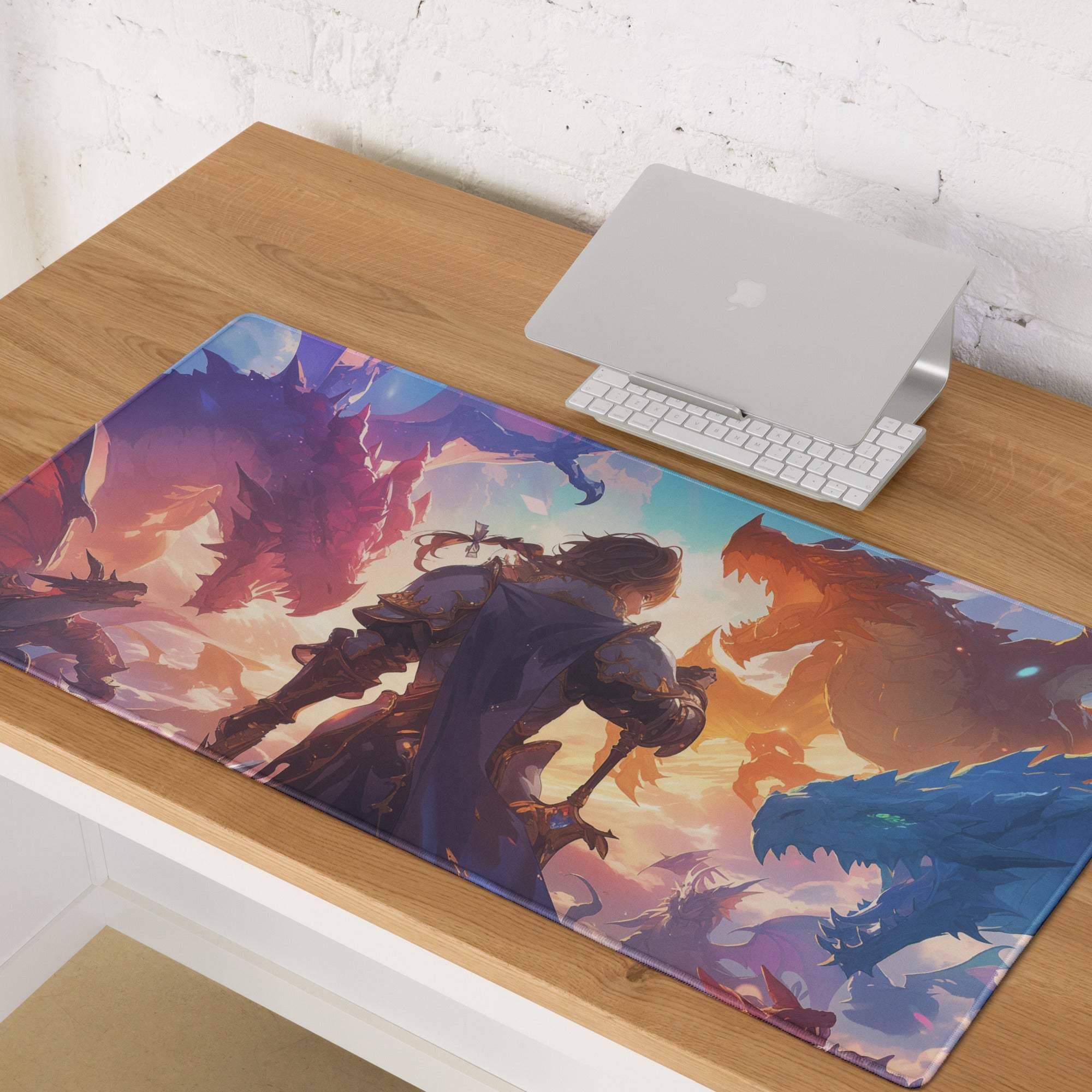 Epic fantasy dragons battle knights gaming mouse pad vibrant sunset colors