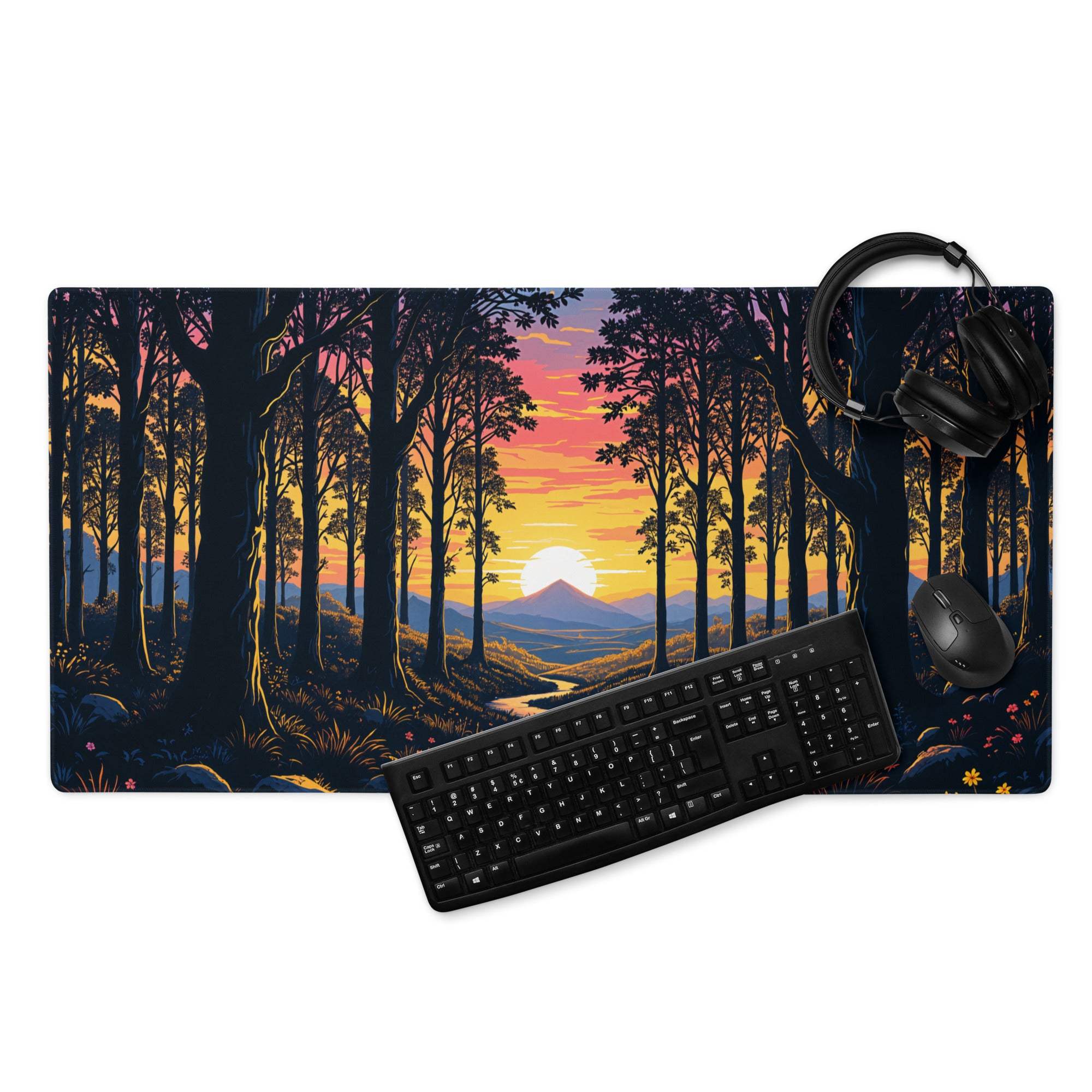 Large stylized forest sunset gaming mouse pad with non-slip base