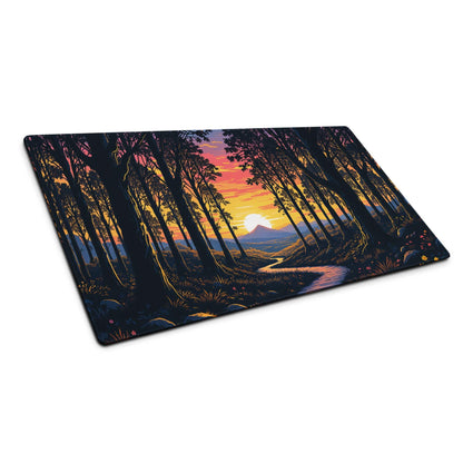 Large stylized forest sunset gaming mouse pad with non-slip base