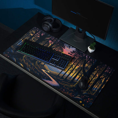 Large stylized forest sunset gaming mouse pad with warm orange pink hues non-slip base on black desk