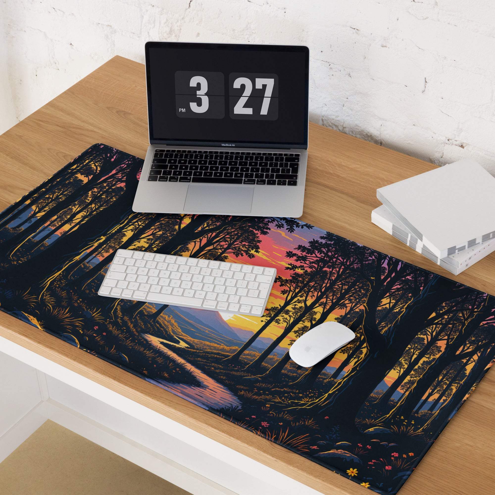 Stylized forest sunset gaming mouse pad with warm orange pink hues and non-slip base