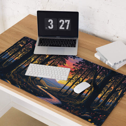 Stylized forest sunset gaming mouse pad with warm orange pink hues and non-slip base