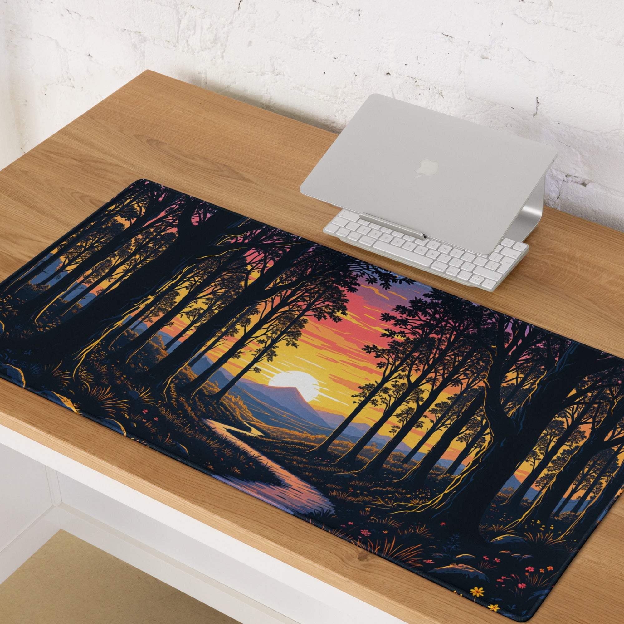 Stylized forest sunset gaming mouse pad with warm palette and non-slip base