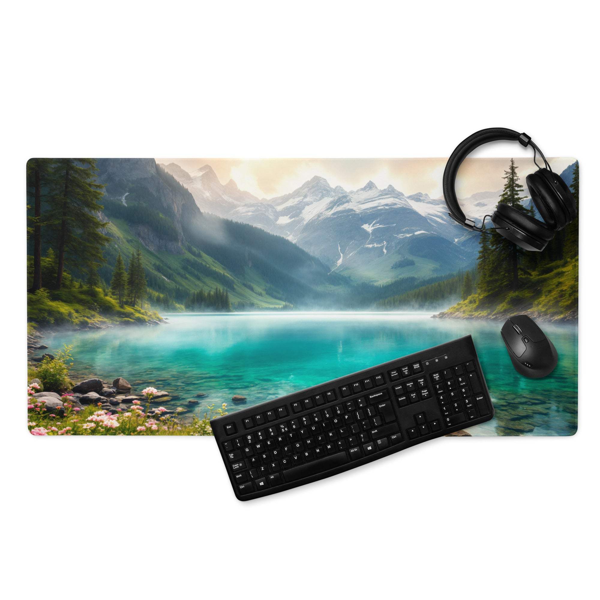 Premium turquoise lake gaming mousepad with edge stitching, snowcapped peaks