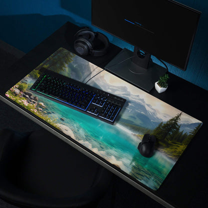 Premium edge-stitched turquoise lake gaming mouse pad with snowcapped peaks