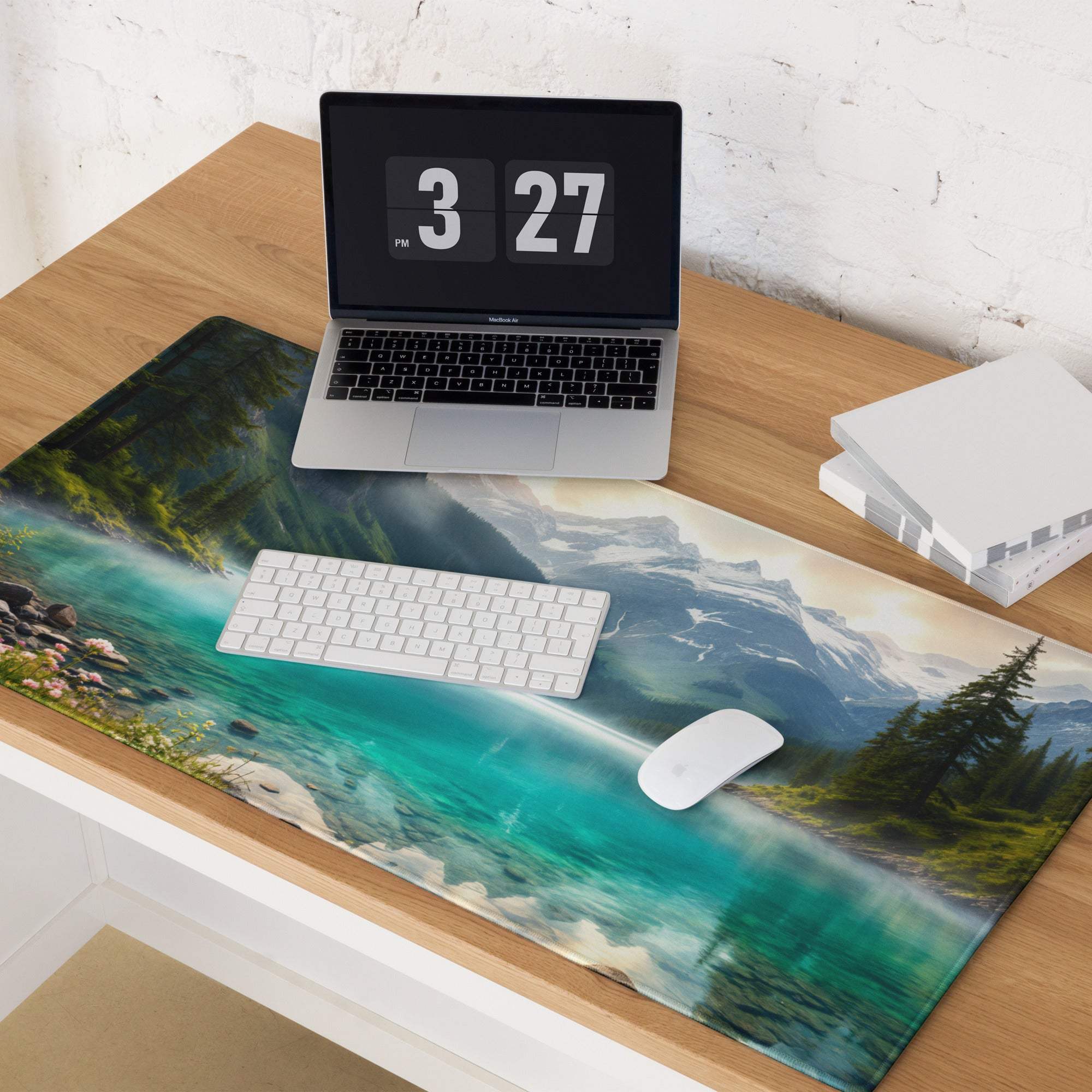 Premium edge-stitched turquoise lake gaming mouse pad with snowcapped peaks