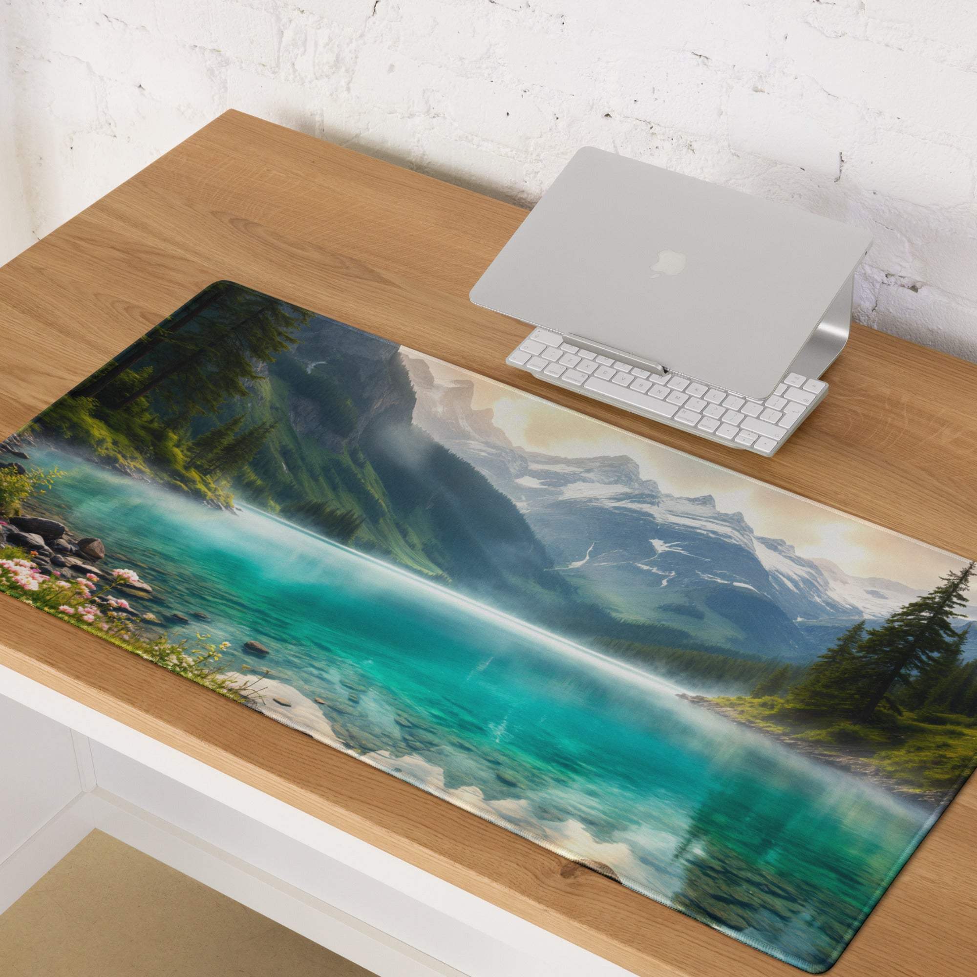 Premium edge-stitched turquoise lake gaming mouse pad with snowcapped peaks