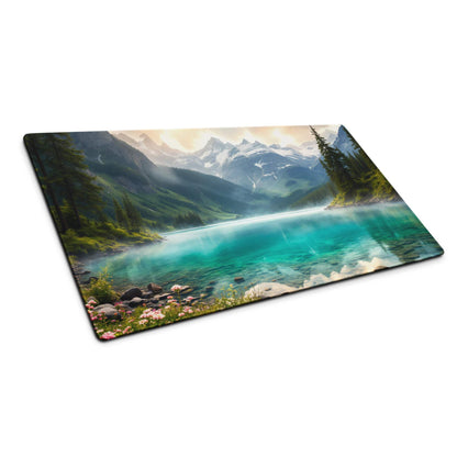 Premium edge-stitched turquoise lake landscape gaming mouse pad with snowcapped peaks and pine trees