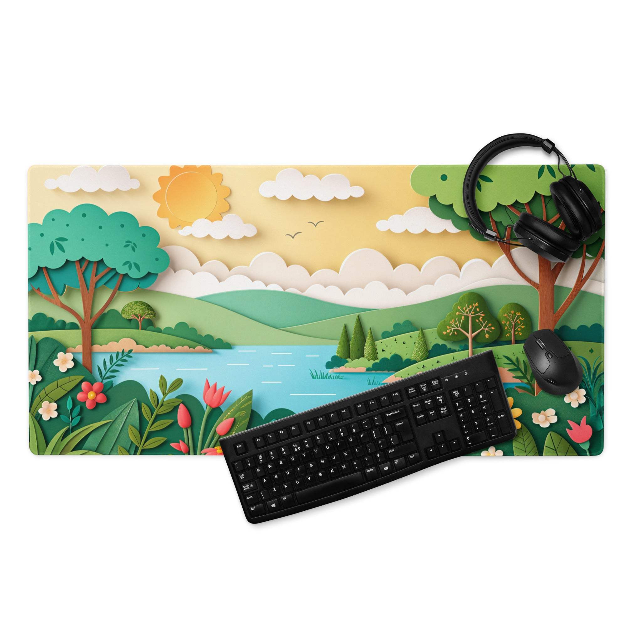 Vibrant nature scene large gaming mouse pad with colorful paper-cut landscape