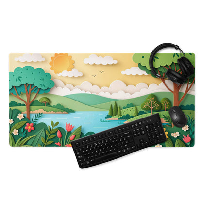 Vibrant nature scene large gaming mouse pad with colorful paper-cut landscape