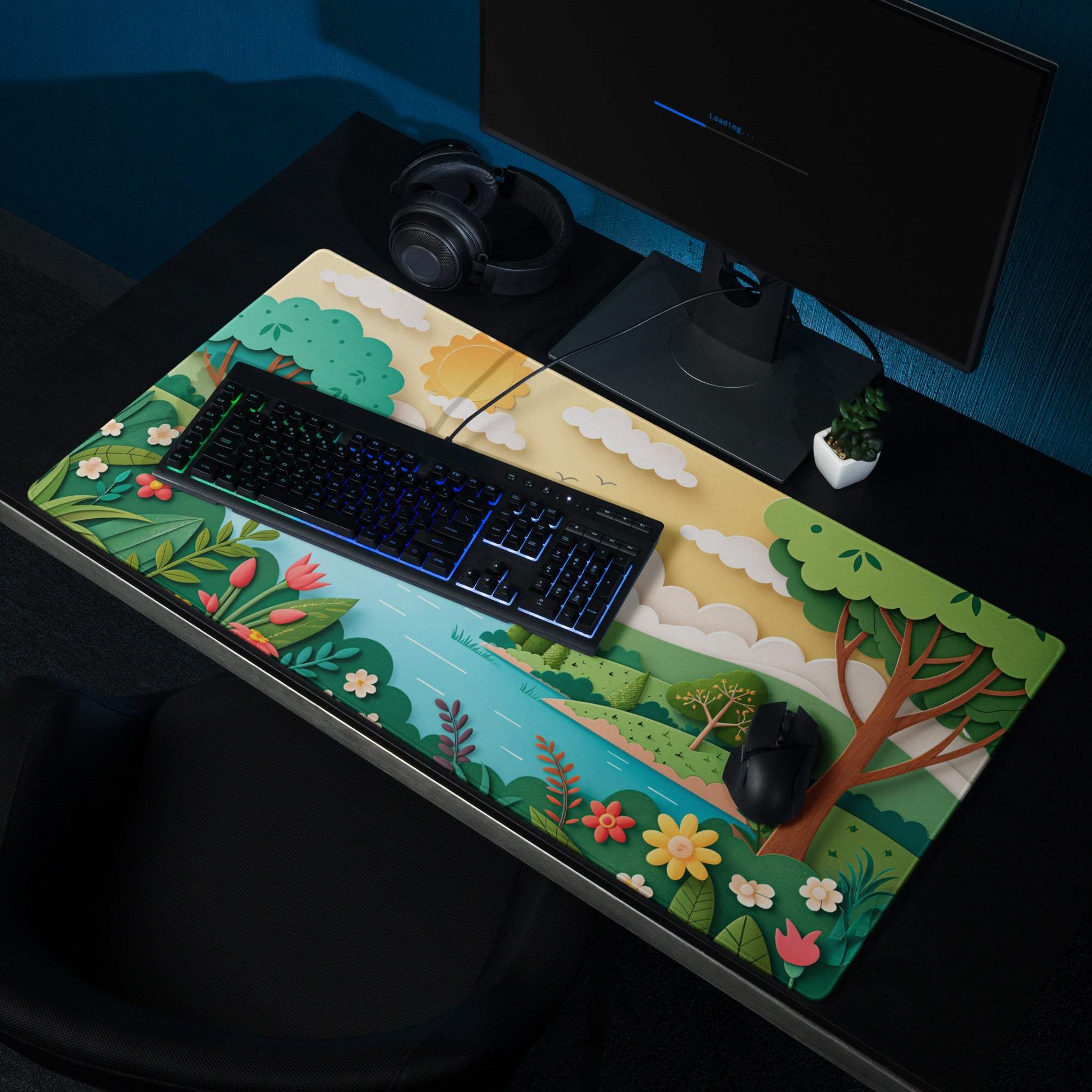 Vibrant nature scene large gaming mouse pad with trees, water, flowers