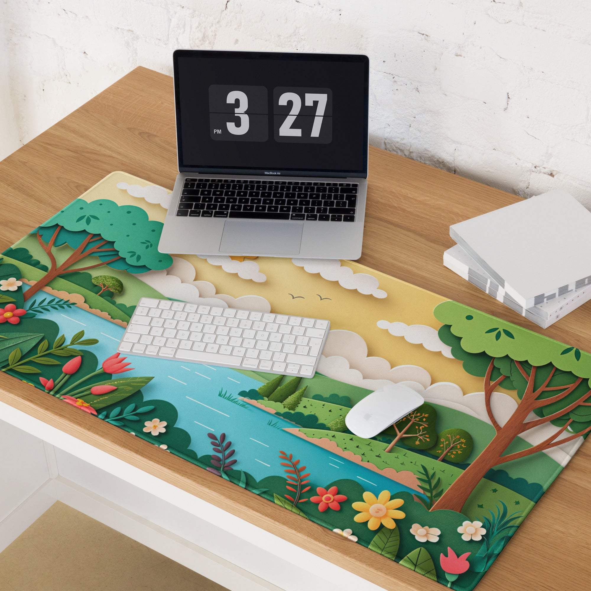 Vibrant layered paper-cut nature scene large gaming mouse pad with river and flowers