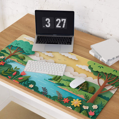 Vibrant layered paper-cut nature scene large gaming mouse pad with river and flowers