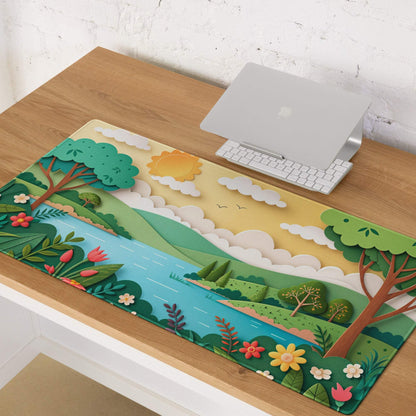 Vibrant layered paper-cut landscape gaming mouse pad with serene river hills clouds