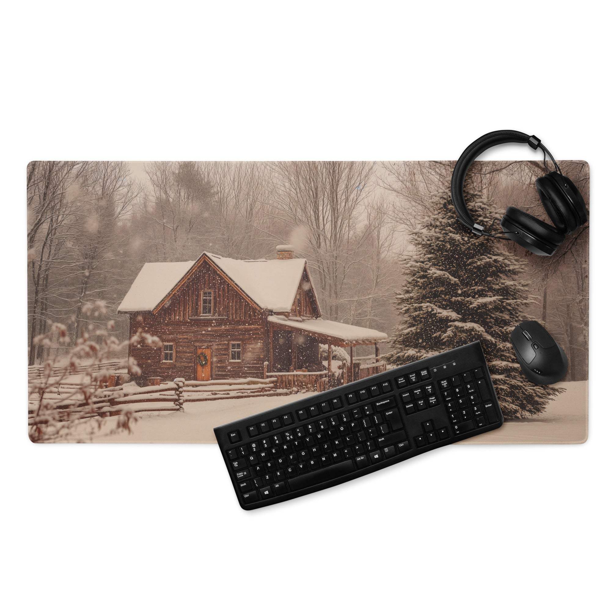 Large rustic winter cabin gaming mouse pad with headphones and keyboard