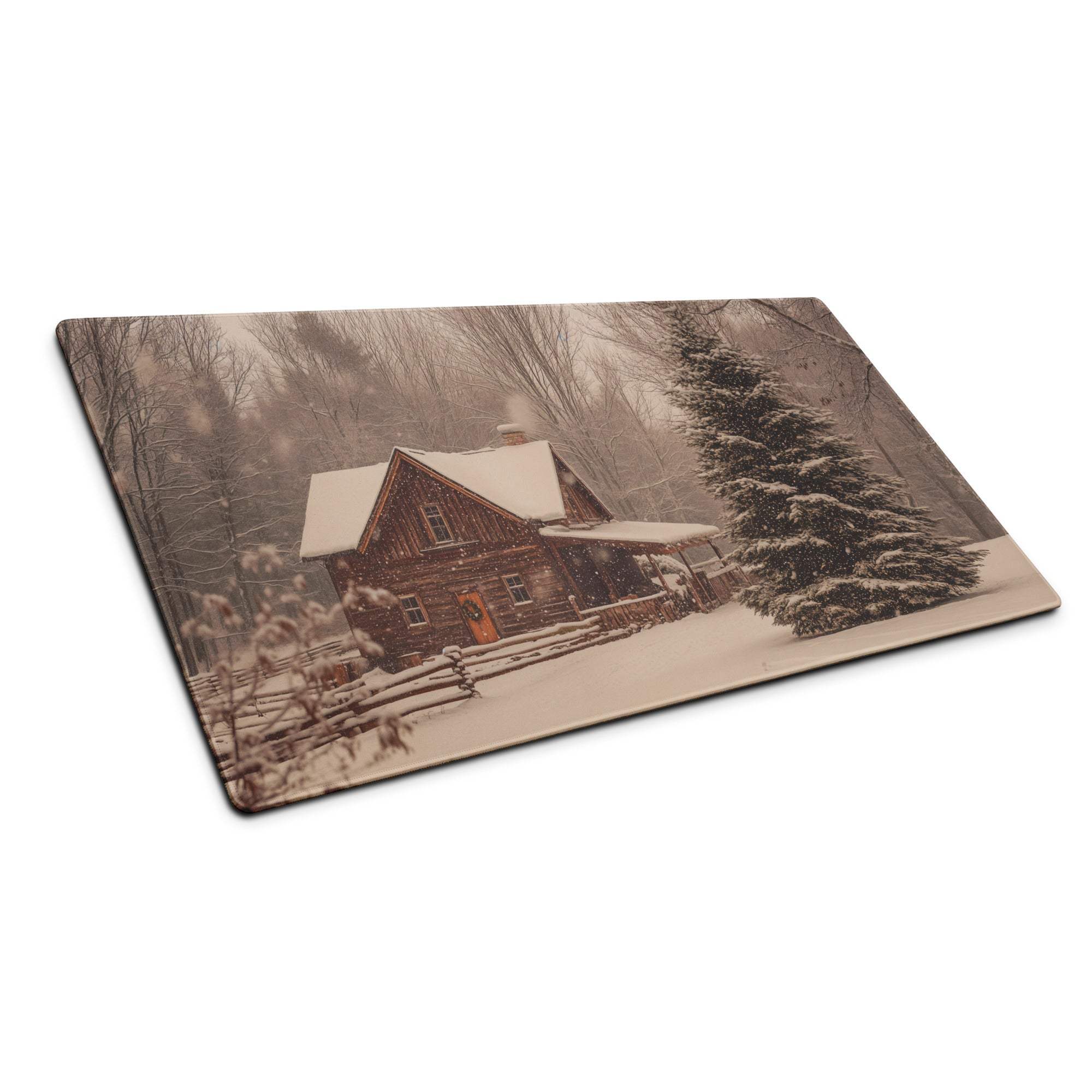 Large rustic winter cabin gaming mouse pad with snow-covered log cabin scene
