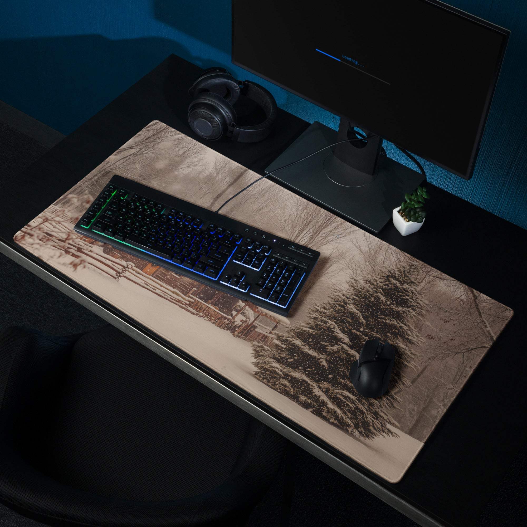 Large rustic winter cabin gaming mousepad with sepia forest scene