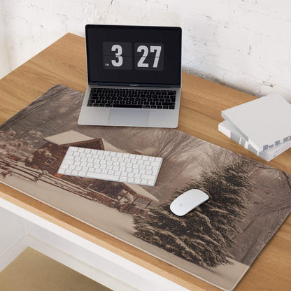 Sepia-toned large rustic winter cabin mousepad with snow-covered cabin and pines