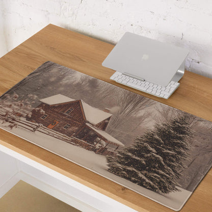 Large rustic winter cabin gaming mouse pad with snow scene and non-slip base