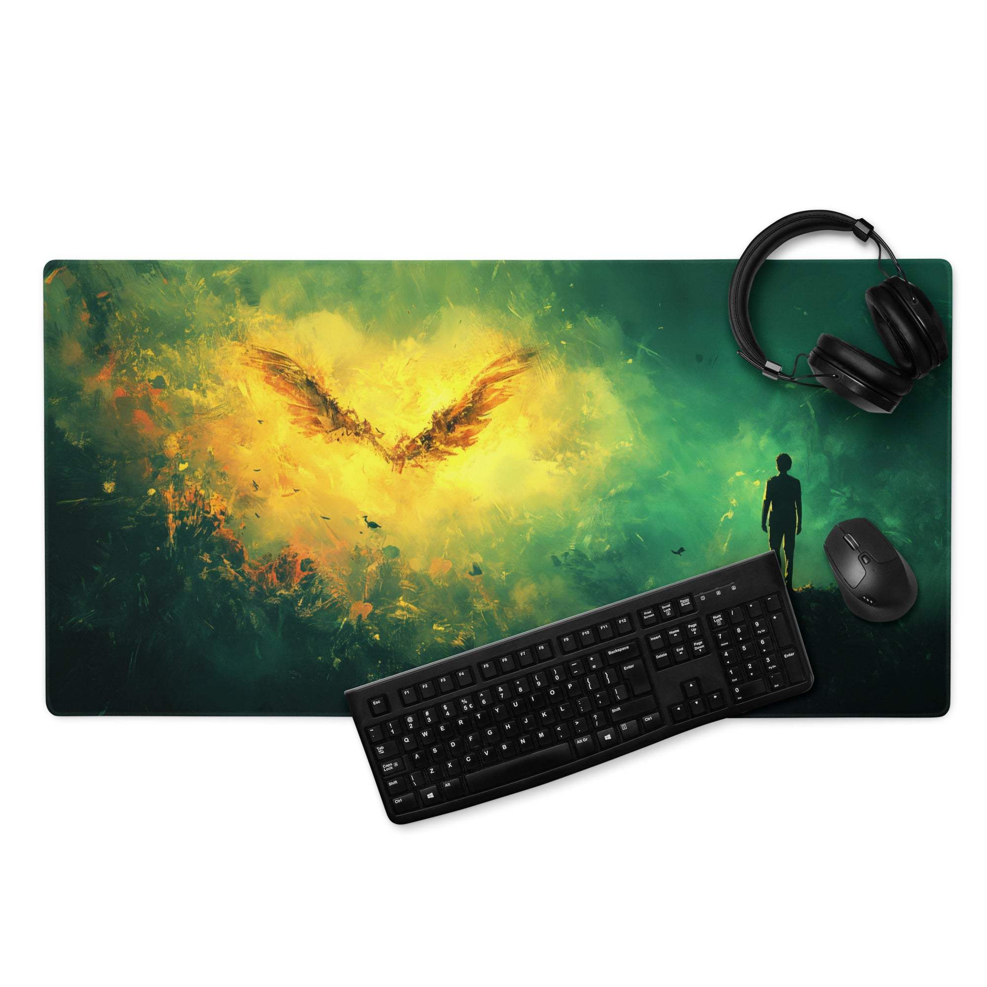 Epic Fantasy Winged Phoenix gaming mouse pad with green golden glow